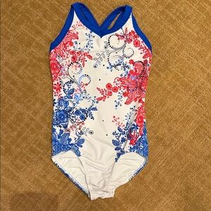 Girls White Floral One-Piece Swimsuit with Blue Trim and Red Accents